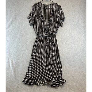 Lane Bryant Dress Womens 20 Black White Faux Wrap Midi Ruffle Belted Polka Dot